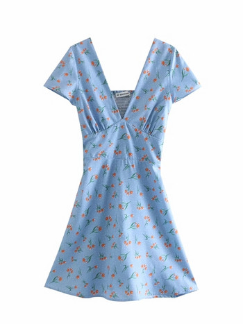 Női ruha mély V-nyakkal, kék színben