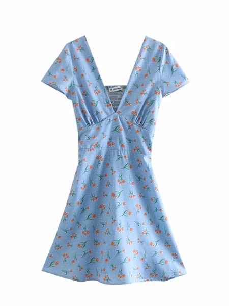 Női ruha mély V-nyakkal, kék színben