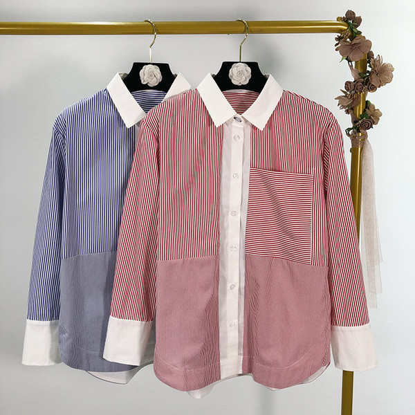 Cămașă de damă în dungi cu guler și buzunar clasic în două culori