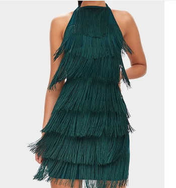 Rochie eleganta de dama cu umerii goi si franjuri in trei culori