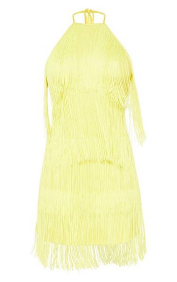 Rochie eleganta de dama cu umerii goi si franjuri in trei culori