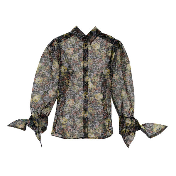 Cămașă de damă din tul cu mâneci lungi și model floral