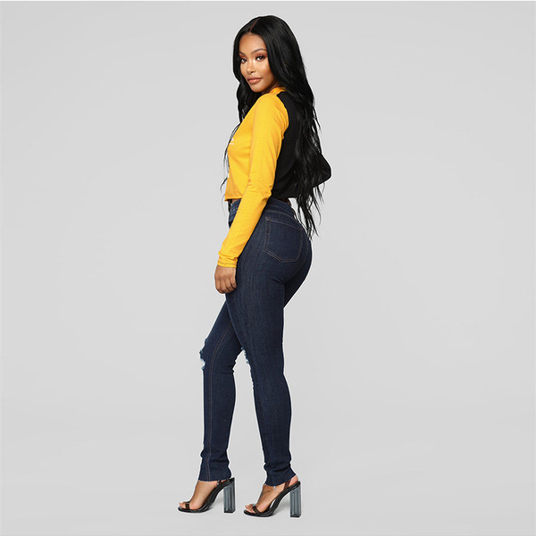 Blugi casual de dama de culoare inchisa cu motive rupte