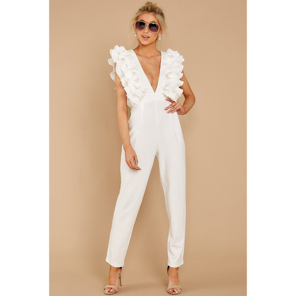 Elegáns női overall széles pántokkal, fehér színben