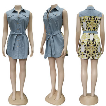 Rochie moderna de dama din denim cu cravate si guler clasic in albastru