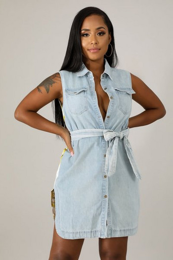 Rochie moderna de dama din denim cu cravate si guler clasic in albastru