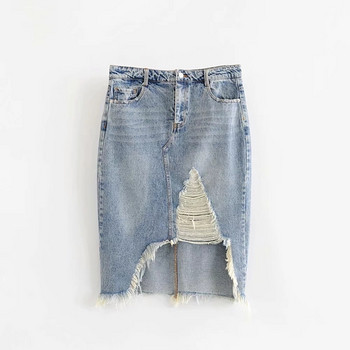 Fusta de dama moderna din denim cu motive rupte in culoare deschisa