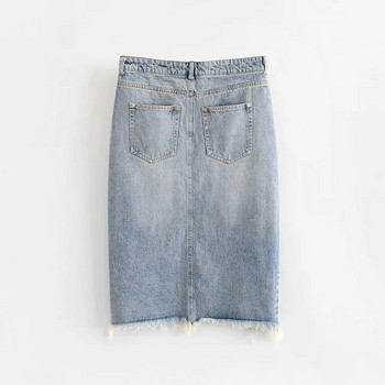 Fusta de dama moderna din denim cu motive rupte in culoare deschisa