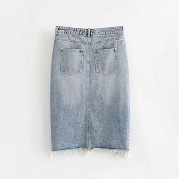 Fusta de dama moderna din denim cu motive rupte in culoare deschisa