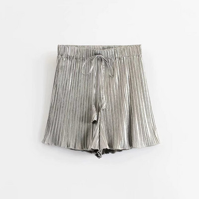 Pantaloni scurți plisați de damă cu talie înaltă, auriu și argintiu