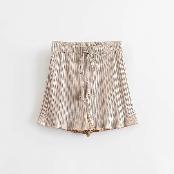 Pantaloni scurți plisați de damă cu talie înaltă, auriu și argintiu