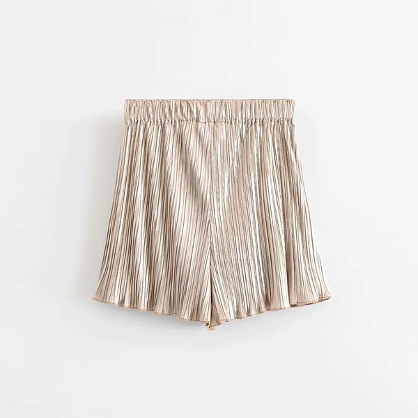 Pantaloni scurți plisați de damă cu talie înaltă, auriu și argintiu