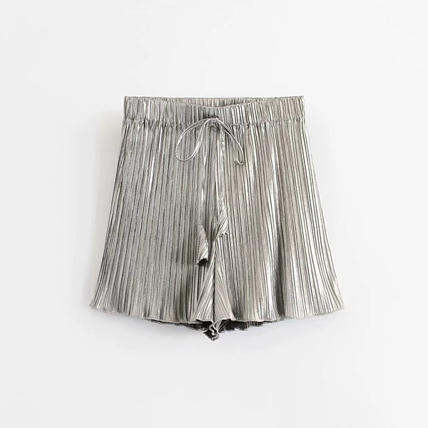 Pantaloni scurți plisați de damă cu talie înaltă, auriu și argintiu