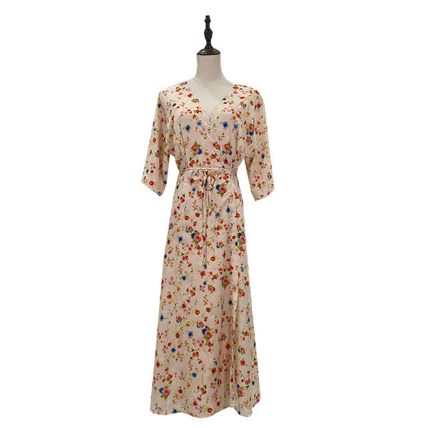 Rochie lunga cu maneci 3/4 si legaturi in talie