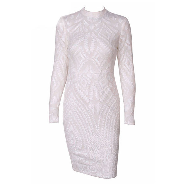 Elegáns női rövid ruha hosszú ujjal és magas gallérral, fehér színben