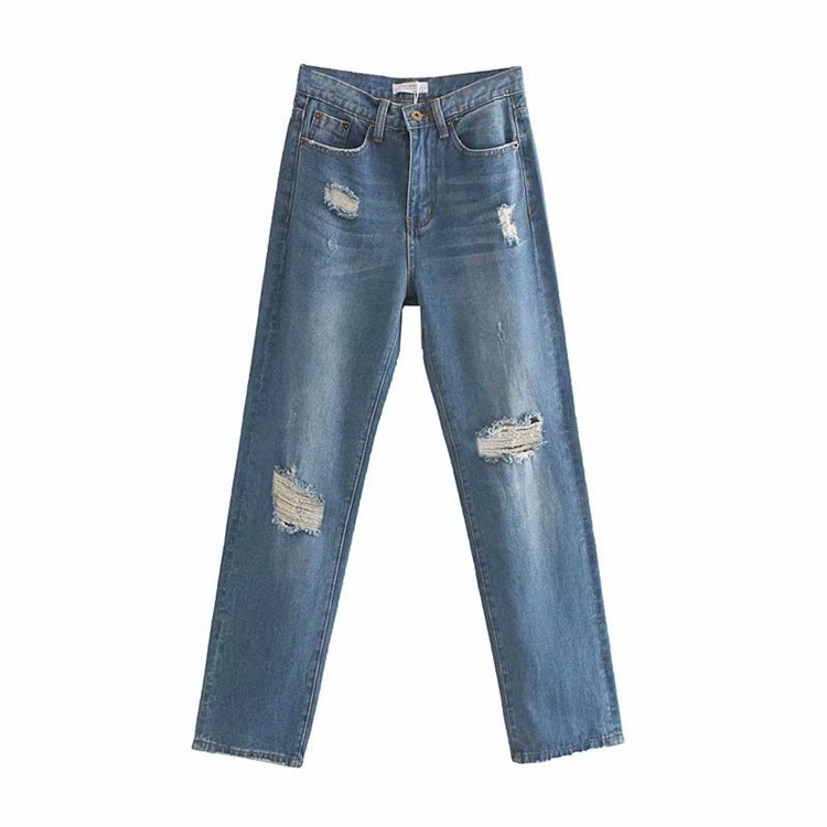 Női kék farmer magas derékkal, szakadt motívummal