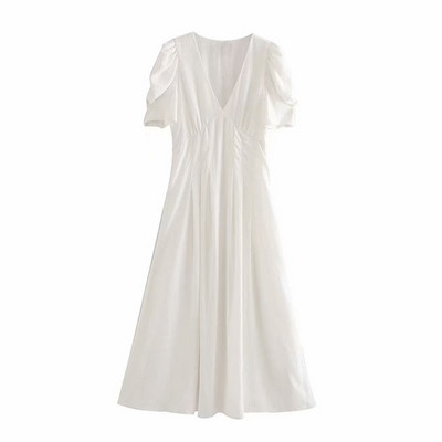 Rochie albă lungă cu decolteu în V adânc