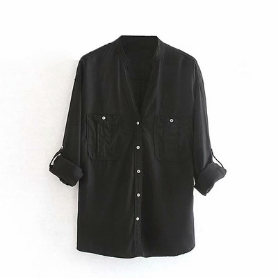 Fekete színű női ing gombokkal és zsebekkel