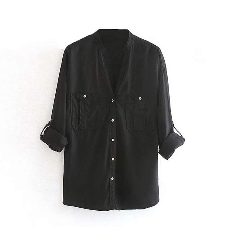 Fekete színű női ing gombokkal és zsebekkel