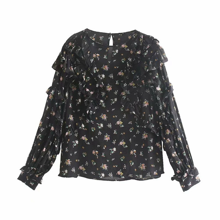 Női elegáns fekete blúz virágmintával