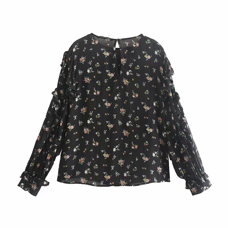 Női elegáns fekete blúz virágmintával