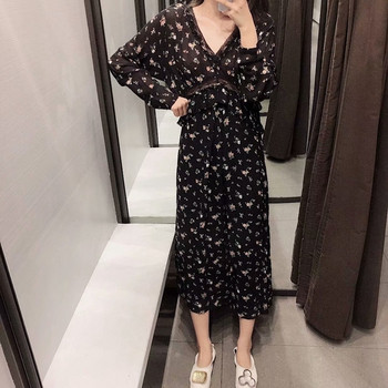 Virágmintás, V-nyakú hosszú női ruha