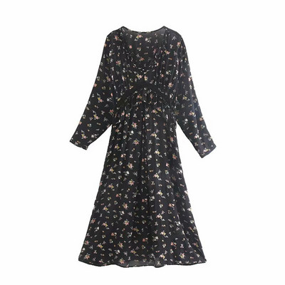 Virágmintás, V-nyakú hosszú női ruha