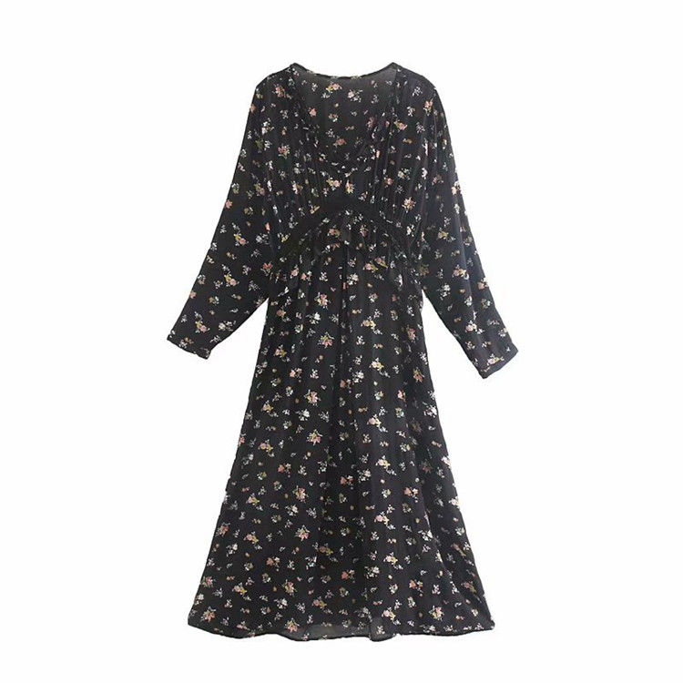 Virágmintás, V-nyakú hosszú női ruha