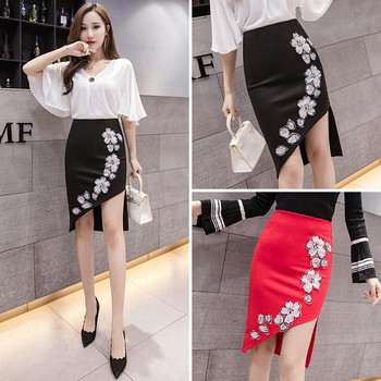 Fusta de dama moderna asimetrica in doua culori cu aplicatie