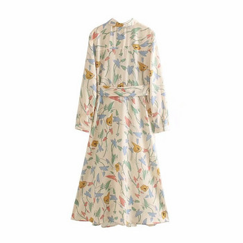 Bézs színű, hosszú alkalmi ruha virágmintával