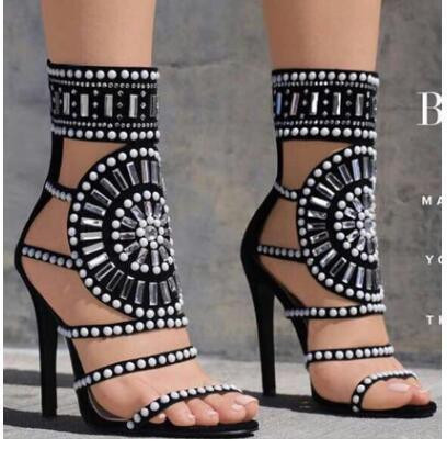 НОВ модел дамски обувки на висок ток с перли и камъни в два цвята 