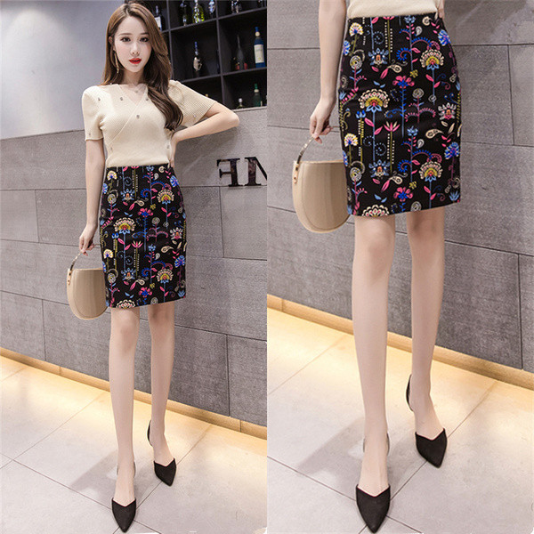 Női alkalmi szoknya virágmintával, magas derékkal