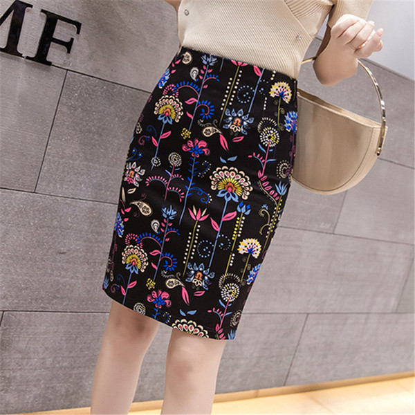 Női alkalmi szoknya virágmintával, magas derékkal