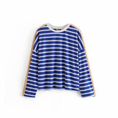 Női csíkos pulóver szegéllyel az ujján