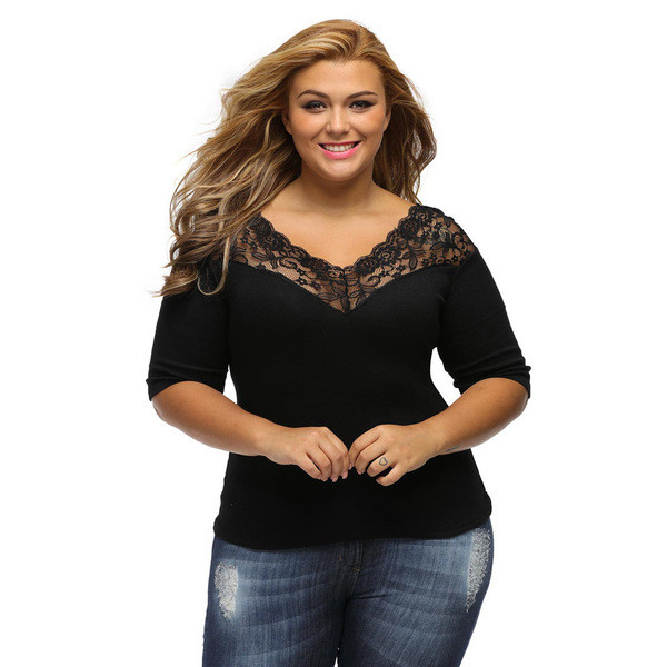 Bluză casual de damă cu mâneci 3/4 și dantelă de culoare neagră