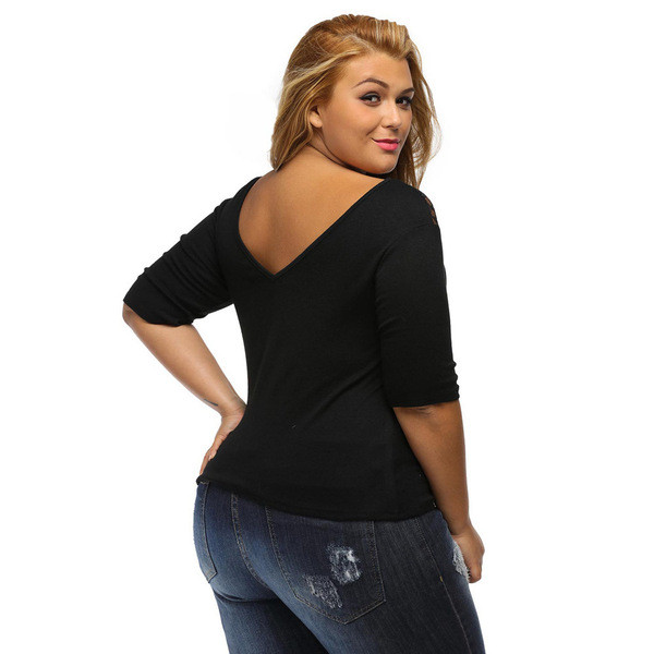 Bluză casual de damă cu mâneci 3/4 și dantelă de culoare neagră