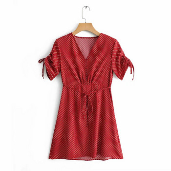 Rochie de damă cu mâneci scurte și decolteu în V de culoare roșie