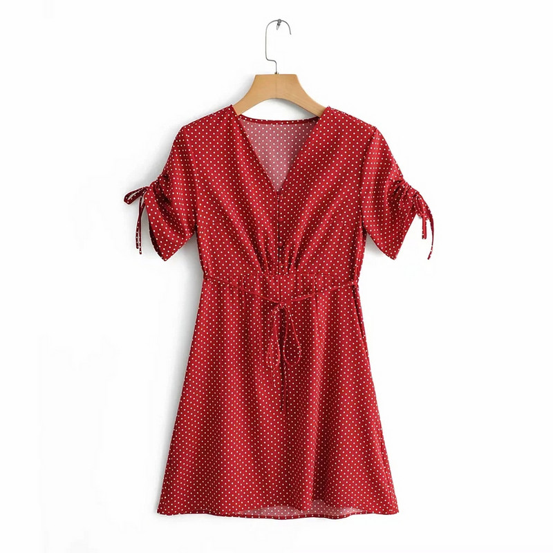 Rochie de damă cu mâneci scurte și decolteu în V de culoare roșie