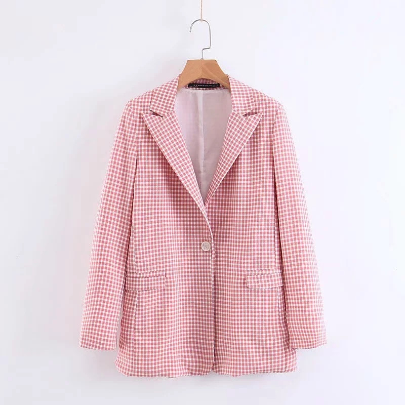 Rózsaszín kockás női kabát V-alakú gallérral