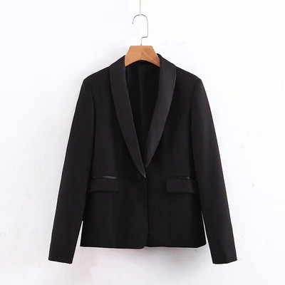 Актуално дамско сако с V-образно деколте в черен цвят 