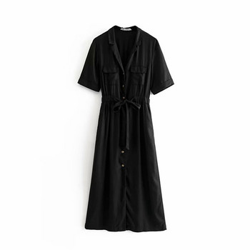 Rochie lunga de dama cu nasturi si crapatura in negru