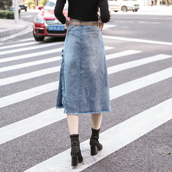 Fusta dama casual din denim cu talie inalta - model decupat