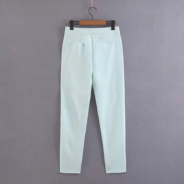 Pantaloni eleganti de dama cu talie inalta si buzunare in albastru