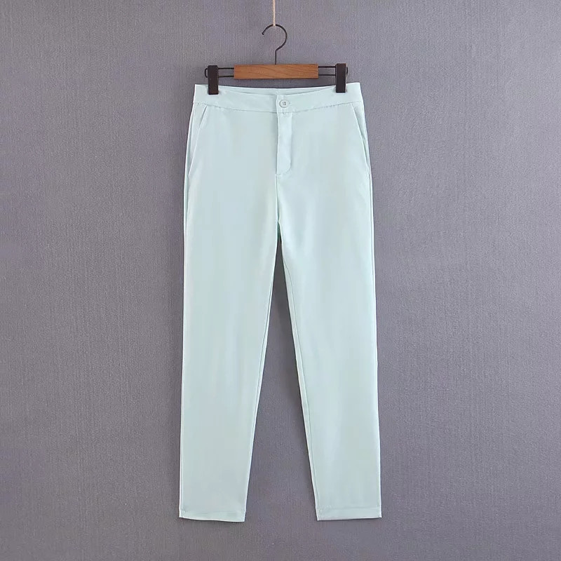 Pantaloni eleganti de dama cu talie inalta si buzunare in albastru