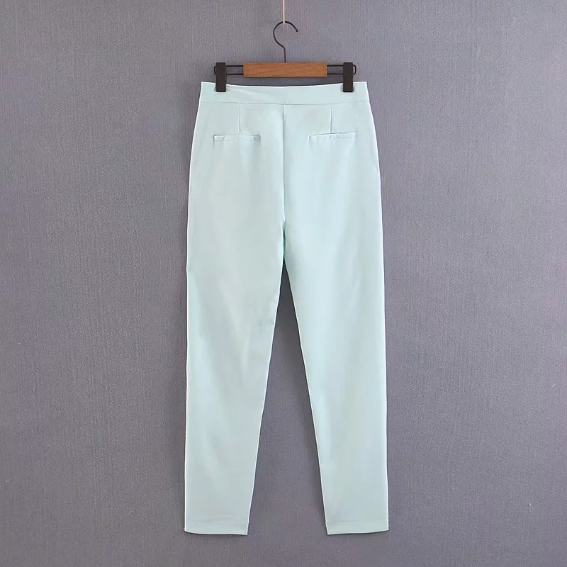 Pantaloni eleganti de dama cu talie inalta si buzunare in albastru