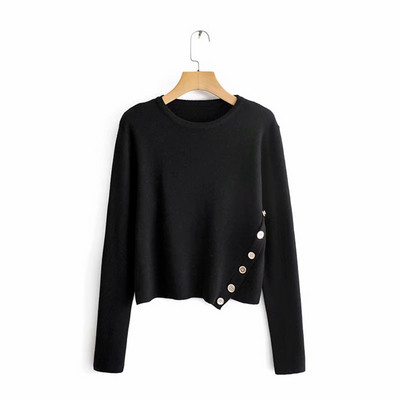 Pulover asimetric de dama din tricotat subtire cu nasturi