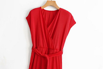 Rochie de dama plisata cu cravate in rosu