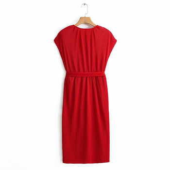 Rochie de dama plisata cu cravate in rosu