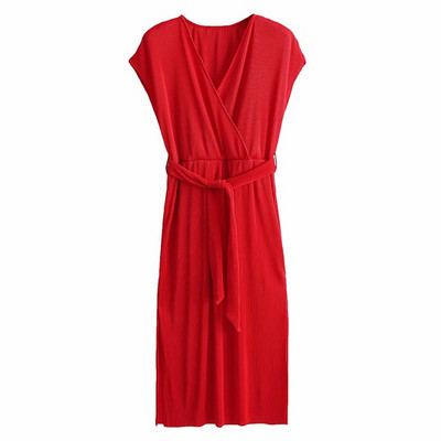 Rochie de dama plisata cu cravate in rosu