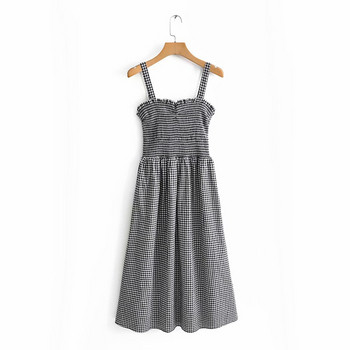 Női hosszú kockás ruha vékony pántokkal